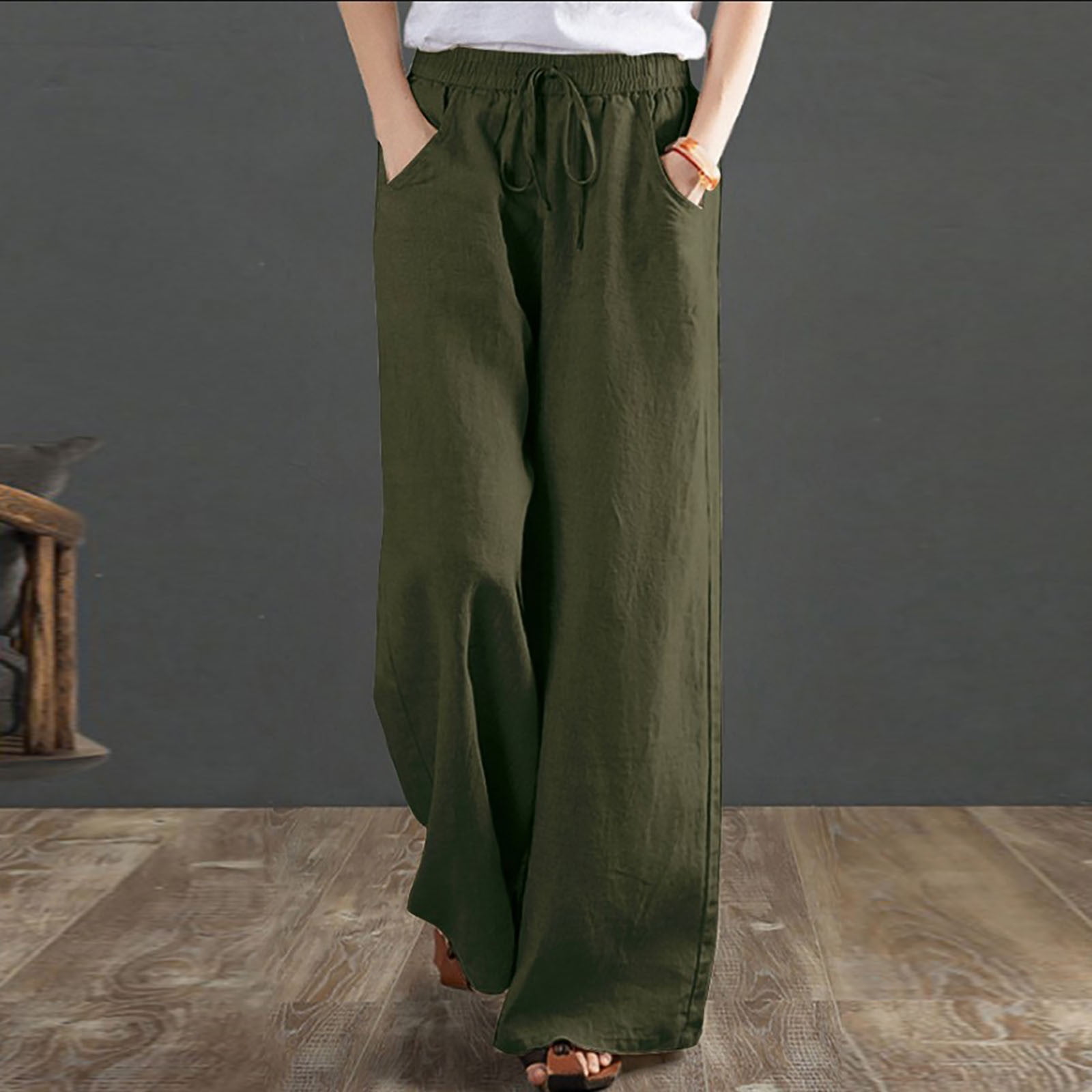 Cotonie Women's Cotton Linen Wide Leg Pants Casual Drawstring Elastic Waist  Straight Leg Pants Solid Color Wide Leg Trousers with Pockets - Walmart.com