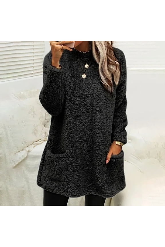 Women's Fleece Crew Neck Loose Fit Plus Size Long Sweatshirts Long Sleeve Warm Casual Trendy Solid Pullovers Breathable Fall Tops