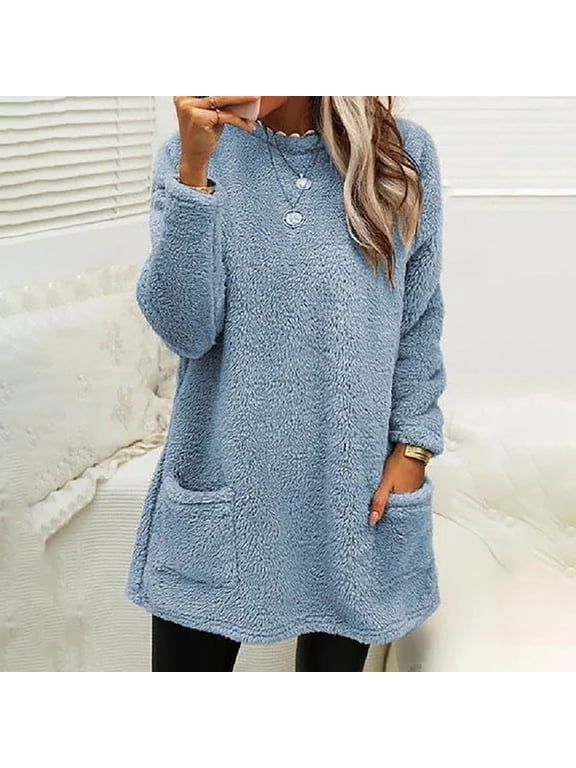 Women's Warm Fleece Round Neck Long Sleeve T-Shirt Casual Loose Pullover Winter Tops with Pockets Womens Tops