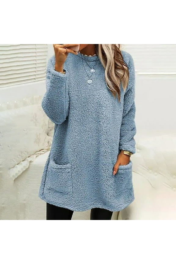 Women's Fleece Crew Neck Loose Fit Plus Size Long Sweatshirts Long Sleeve Warm Casual Trendy Solid Pullovers Breathable Fall Tops