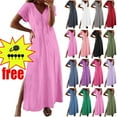 thumbnail image 1 of Dress for Women Wrap Maxi Dress Casual Boho Floral V Neck Short Sleeve Ruffle Hem Split Beach Long Dresses Hot Pink, 1 of 6