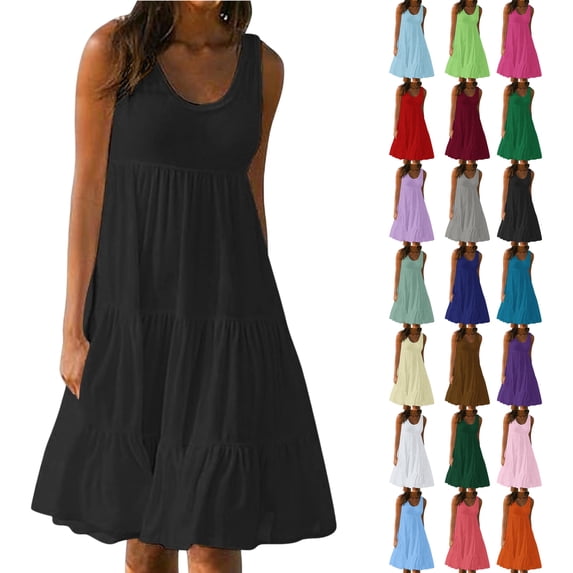 Dresses for Women 2025 Womens Fashion Holiday Summer Solid Color Sleeveless Party Beach Dress Black L