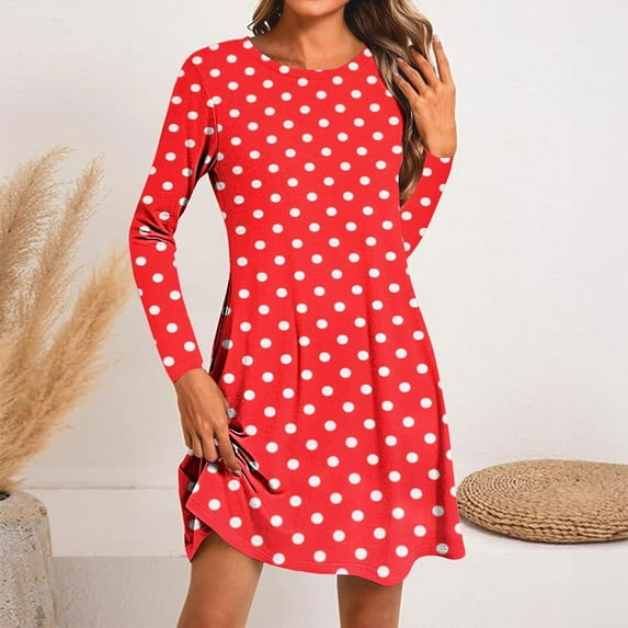 Clearance under 10 Long Sleeves Dresses, Women's Fashion Round-Neck Short Sleeved Printed Pullover Dress Red New, 2XL