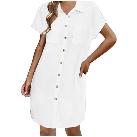 Clearance under 10 Maxi Dresses for Women 2025 Women's Summer Button Up Shirt Skirt With A Collar Made Of Cotton And Linen Mini Dress White 2XL