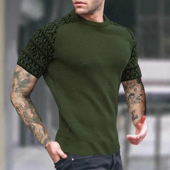 Clearance under 10 Men's Fitness Suit Round Neck Pullover Color Blocked Top Short Sleeved Top Round Neck Top/shirt Set Green, 2XL