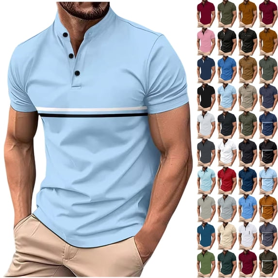 Mens Clothes, Men Solid Color Casual Fashion Button Round Neck Short Sleeve T-shirt Top XL, Sky Blue