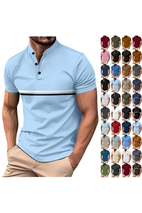Mens Clothes, Men Solid Color Casual Fashion Button Round Neck Short Sleeve T-shirt Top XL, Sky Blue