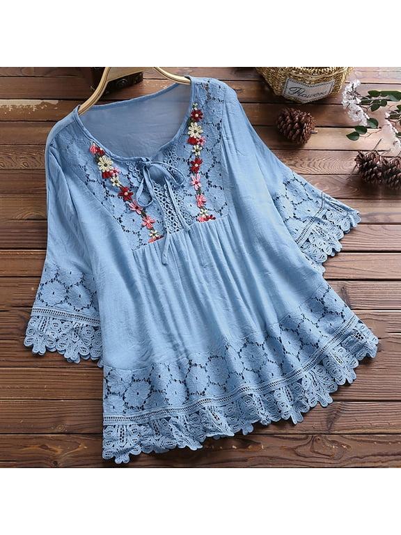 Plus Size Women Vintage Lace Patchwork Bow V-Neck Three Quarter Blouses Top T-Shirt Sky Blue L