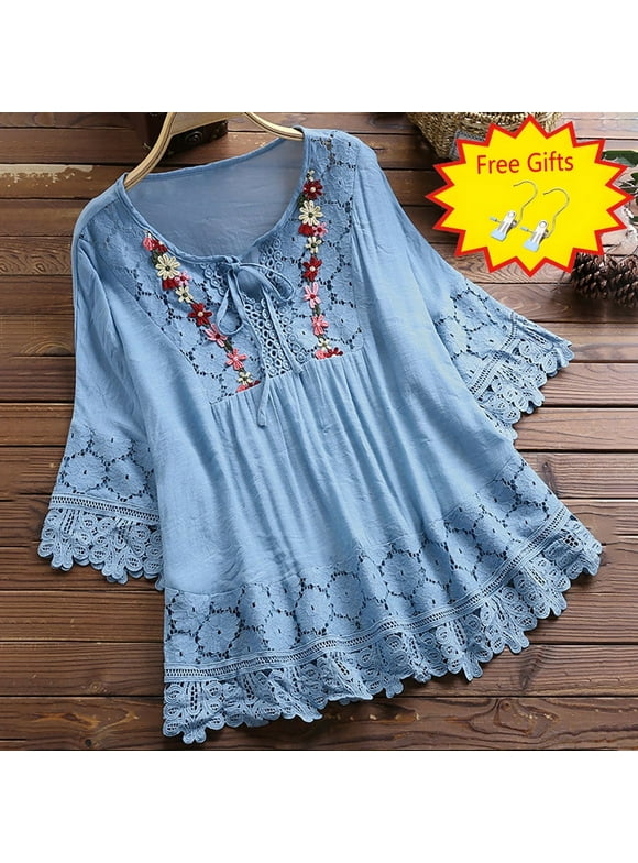 Plus Size Women Vintage Lace Patchwork Bow V-Neck Three Quarter Blouses Top T-Shirt Sky Blue L