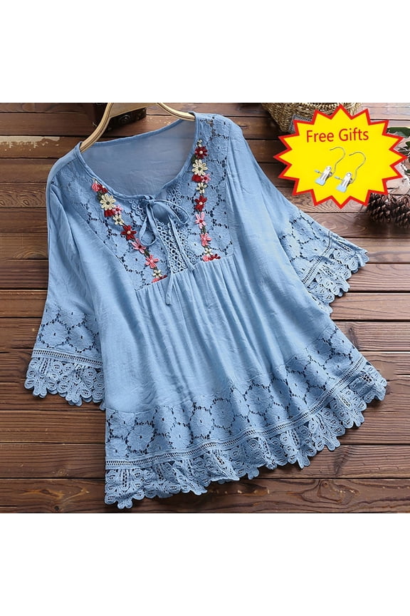 Plus Size Women Vintage Lace Patchwork Bow V-Neck Three Quarter Blouses Top T-Shirt Sky Blue L