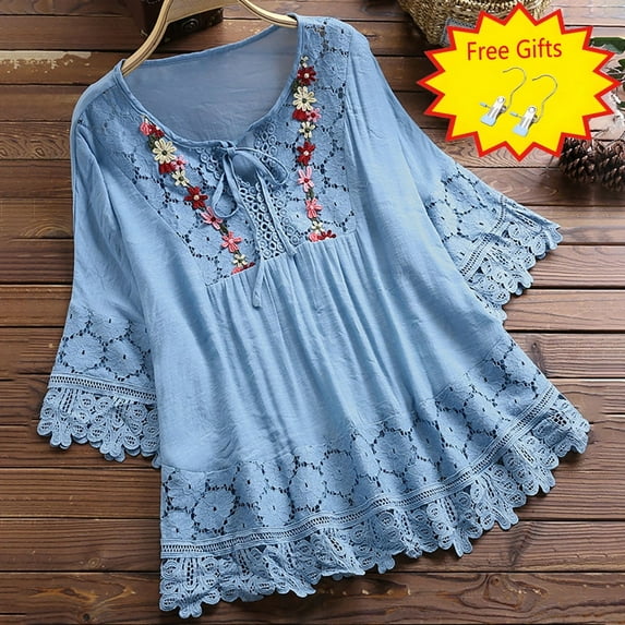 Sawvnm Plus Size Women Vintage Lace Patchwork Bow V-Neck Three Quarter Blouses Top T-Shirt Sky Blue L