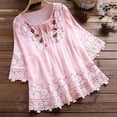 thumbnail image 1 of Blouses for Women Sawvnm Plus Size Women Vintage Lace Patchwork Bow V-Neck Three Quarter Blouses Top T-Shirt Family gifts Pink XXXL, 1 of 9