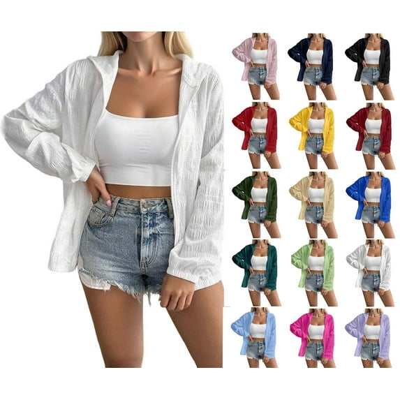 Sevevn Fashion Women Casual Hooded Slim Zipper Fleece Sweater Lightweight Jacket Coat End of Year Clearance White M