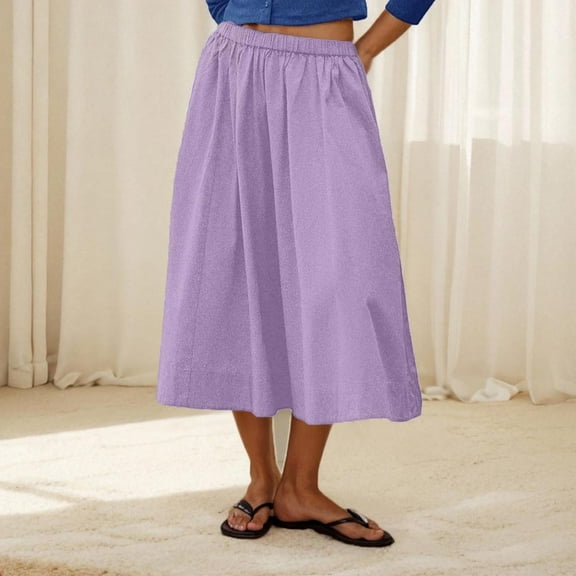 Sevevn Fashion Women Solid High Waisted Midi Skirt A-Line Summer Elastic Waist Skirts Deal of the Week Purple M
