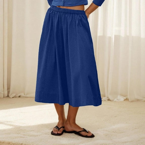 Sevevn Fashion Women Solid High Waisted Midi Skirt A-Line Summer Elastic Waist Skirts Gift for Adults Blue XL