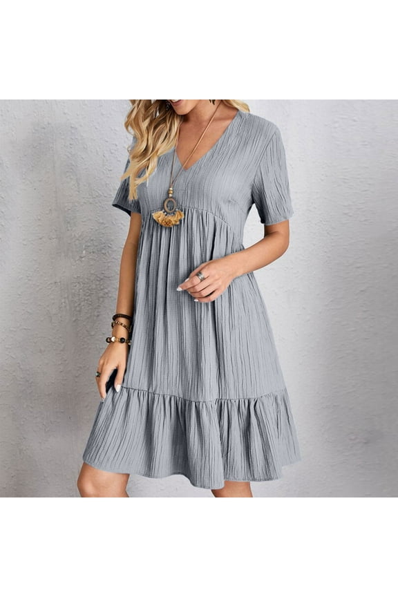 Fashion Women Summer Casual V-Neck Short Sleeve Mini Dress Beach Vacation Clothes for Women Gray XXXL
