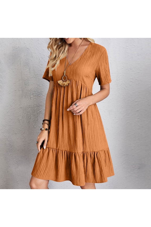 Fashion Women Summer Casual V-Neck Short Sleeve Mini Dress Beach Vacation Clothes for Women Orange XL