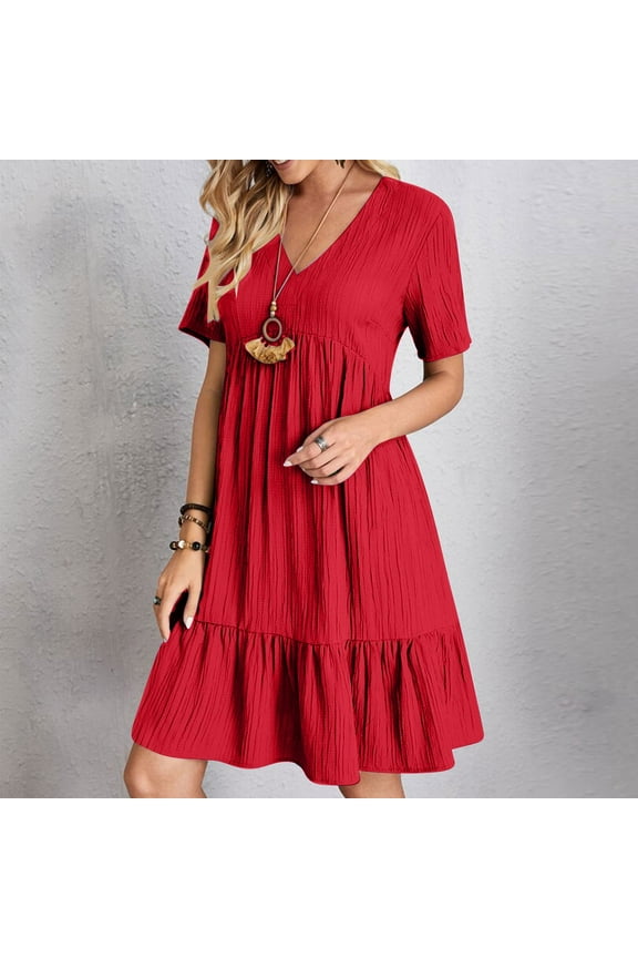 Fashion Women Summer Casual V-Neck Short Sleeve Mini Dress Deal of the Week Red XL