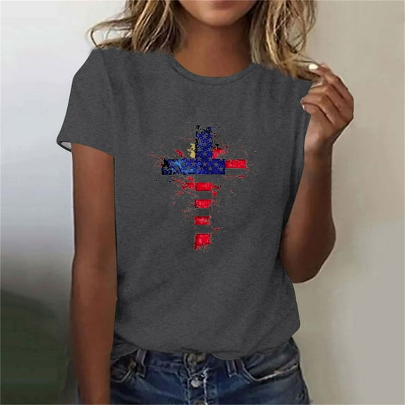 Clearance under 10$ Sevevn Fashion Women's Independence Day Printed Casual Short Sleeved T-shirt Top Gift for Adults Dark Gray L