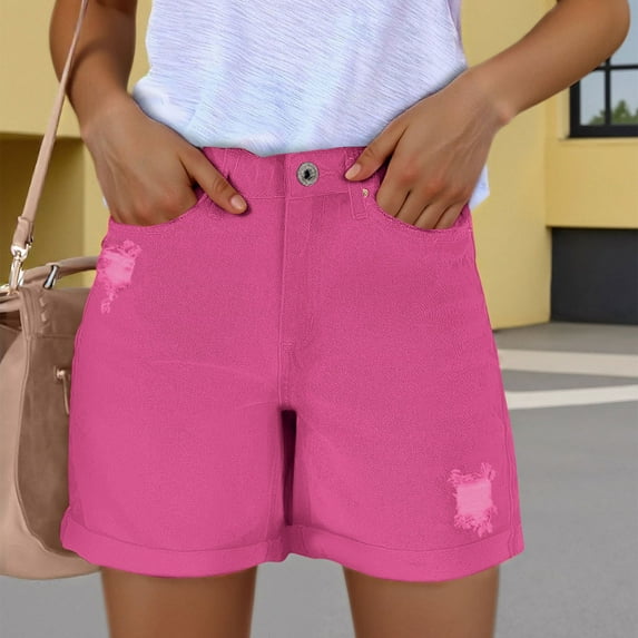 Sevevn Fashion Womens Pocket Pants Female Hole Bottom Sexy Casual Shorts Family Gifts Hot Pink XL