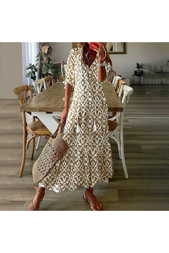 Fashionable Women's Casual Spring/summer V-neck Short Sleeved Printed Dress Great Gifts for Less Khaki XL