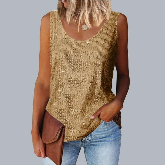 Sevevn Fashionable Women's Spring And Summer Casual Sequin Round Neck Sleeveless Great Gifts for Less Gold XXXXL