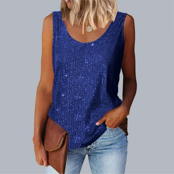 Sevevn Fashionable Women's Spring And Summer Casual Sequin Round Neck Sleeveless Savings Up to 30% Off Blue XXXL