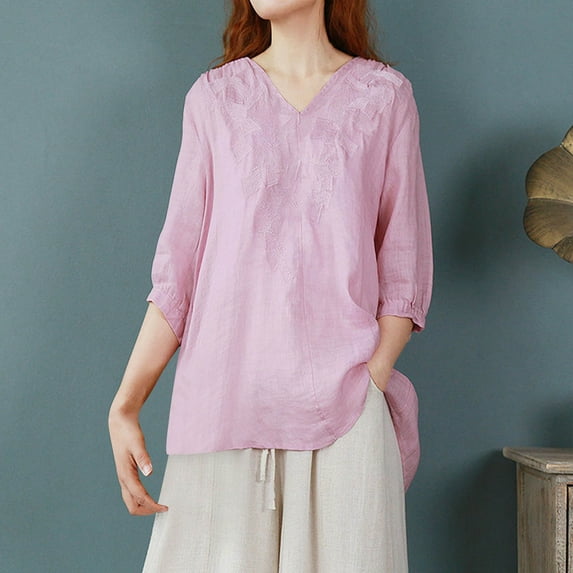 Sevevn Ladies' Fashionable Cotton And Linen Embroidered V-neck Quarter Sleeved Shirt Top New Year Savings Pink XXL