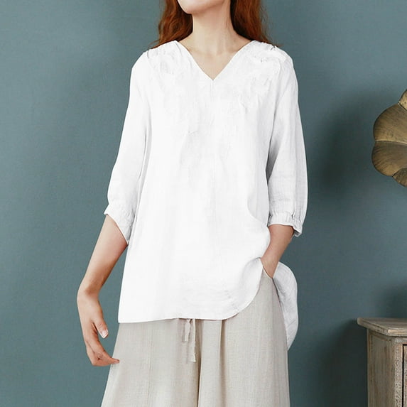 Sevevn Ladies' Fashionable Cotton And Linen Embroidered V-neck Quarter Sleeved Shirt Top Women Beach Fashion White XXL