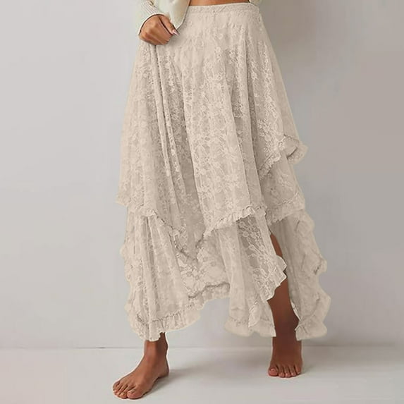 Sevevn Ladies Layered Lace Curtain Skirt Retro Irregular Midi Skirt Lace Curtain Skirt Clearance Sales Online Deals Beige S