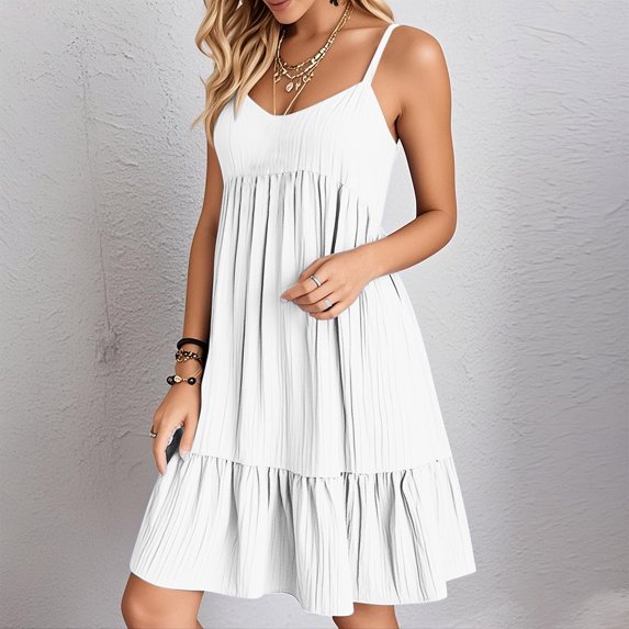 Sevevn Ladies' Summer V-neck Strap Solid Color Dress Women Beach Fashion White S
