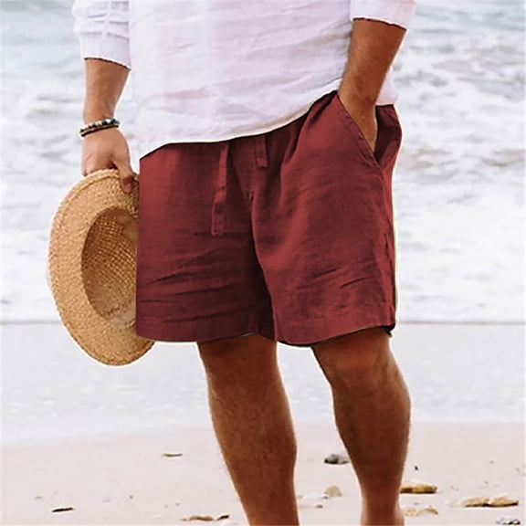 Sevevn Men Casual Solid Pocket Elastic Waist Straight Half Shorts Pants Sport Pants Summer Clearance Wine S