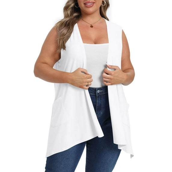 Clearance under 10$ Sevevn Plus Size Woman Solid Color Cardigan Pocket Sleeveless Tops Blouse T-Shirt Deal of the Week White XXL