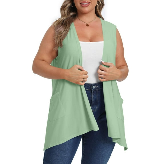 Clearance under 10$ Sevevn Plus Size Woman Solid Color Cardigan Pocket Sleeveless Tops Blouse T-Shirt Gift for Adults Mint Green L