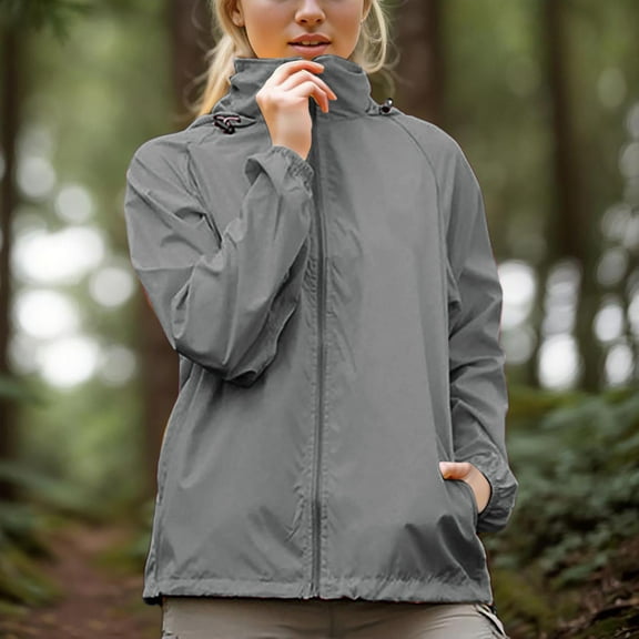 Sevevn Rain Womens With Hood Windbreaker Jackets Sun Hoodie Light Raincoats With Storage Bag Women Beach Fashion Gray XXL