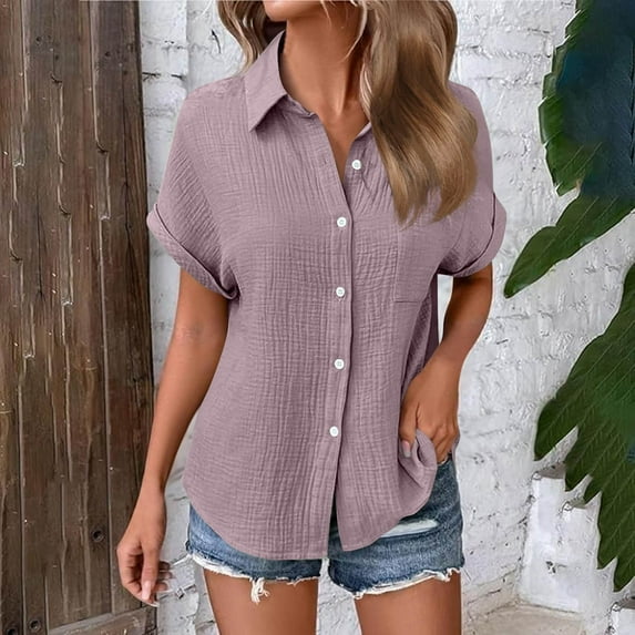 Clearance under 10$ Sevevn Woman Fashion Solid Color Button Pocket Short Sleeve Turndown Collar Blouse Tops Family Gifts Purple S