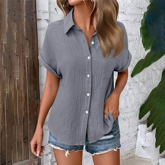 Clearance under 10$ Sevevn Woman Fashion Solid Color Button Pocket Short Sleeve Turndown Collar Blouse Tops Spring Tops for Women Gray S
