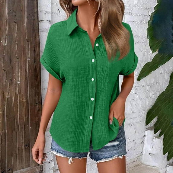 Clearance under 10$ Sevevn Woman Fashion Solid Color Button Pocket Short Sleeve Turndown Collar Blouse Tops Spring Tops for Women Green L