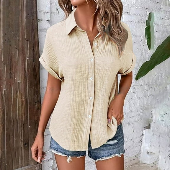 Sevevn Woman Fashion Solid Color Button Short Sleeve Turndown Collar Blouse Tops Spring Tops for Women Beige L