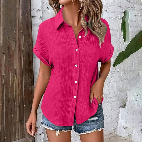 Clearance under 10$ Sevevn Woman Fashion Solid Color Button Short Sleeve Turndown Collar Blouse Tops Spring Tops for Women Hot Pink L