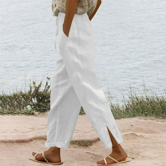 Clearance under 10$ Sevevn Women Casual Cotton Linen Drawstring Elastic Waist Long Wide Leg Pants Savings Up to 30% Off White XXXXXL