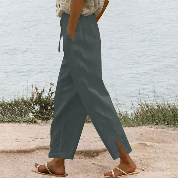 Sevevn Women Casual Cotton Linen Drawstring Elastic Waist Long Wide Leg Pants Summer Gift Dark Gray XXXL