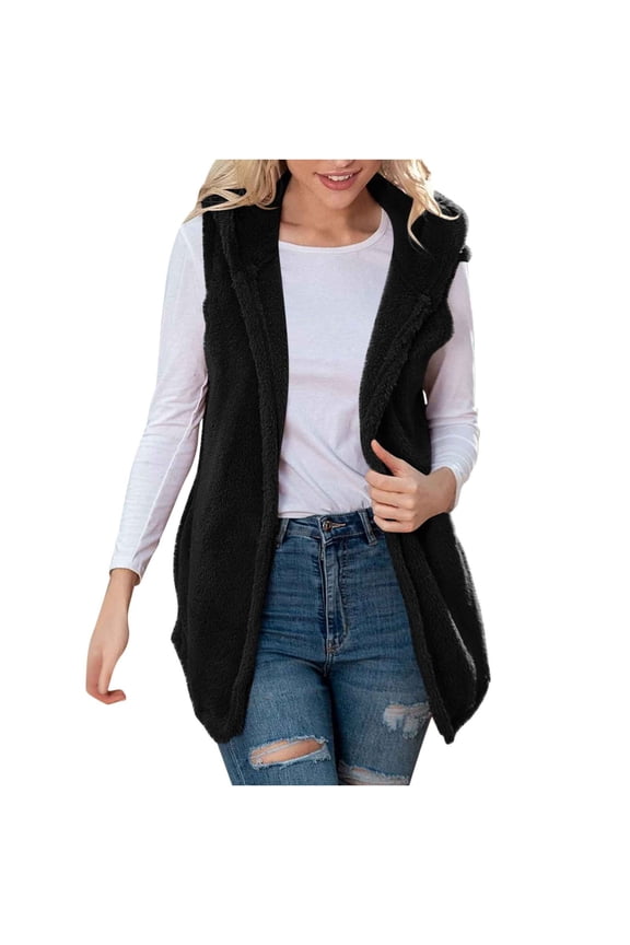 Fleece Vest Sevevn Women's Winter Sleeveless Hooded Fleece Blanket Jacket Solid Color Casual Tops With Pocket