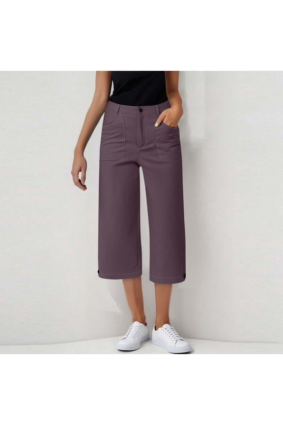 Clearance under 10$ Sevevn Women Solid Color Casual Loose Cropped Pants Sports Casual Pants With Side Pockets Summer Gift Purple M