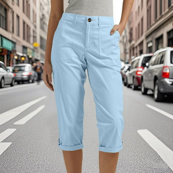 Clearance under 10$ Sevevn Women Solid Color Pentagonal Pants With Elastic Waist Casual Work Clothes Belt Pockets Deal of the Week Light Blue L