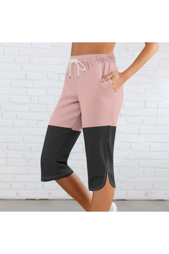 Clearance under 10$ Sevevn Women Solid Printing Elastic Waist Sports Casual Capris Pants With Side Pockets End of Year Clearance Pink XXL