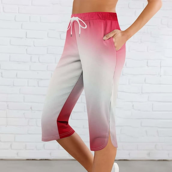 Sevevn Women Solid Printing Elastic Waist Sports Casual Capris Pants With Side Pockets End of Year Clearance Red S