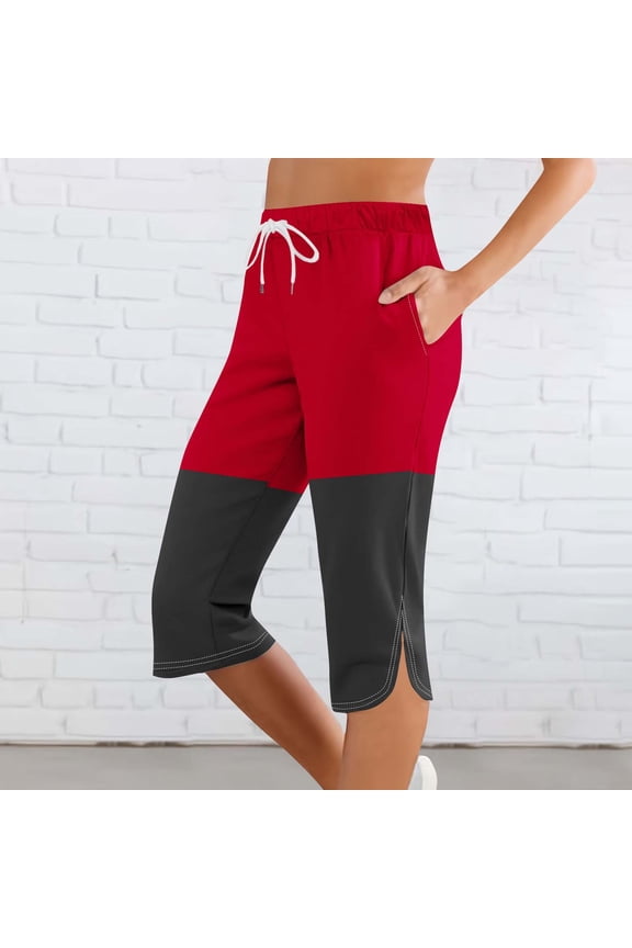 Clearance under 10$ Sevevn Women Solid Printing Elastic Waist Sports Casual Capris Pants With Side Pockets Family Gifts Red S
