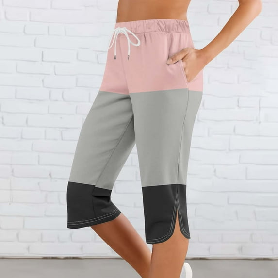 Clearance under 10$ Sevevn Women Solid Printing Elastic Waist Sports Casual Capris Pants With Side Pockets Great Gifts for Less Pink S