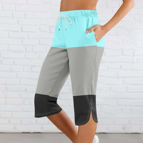 Clearance under 10$ Sevevn Women Solid Printing Elastic Waist Sports Casual Capris Pants With Side Pockets Great Gifts for Less Sky Blue M